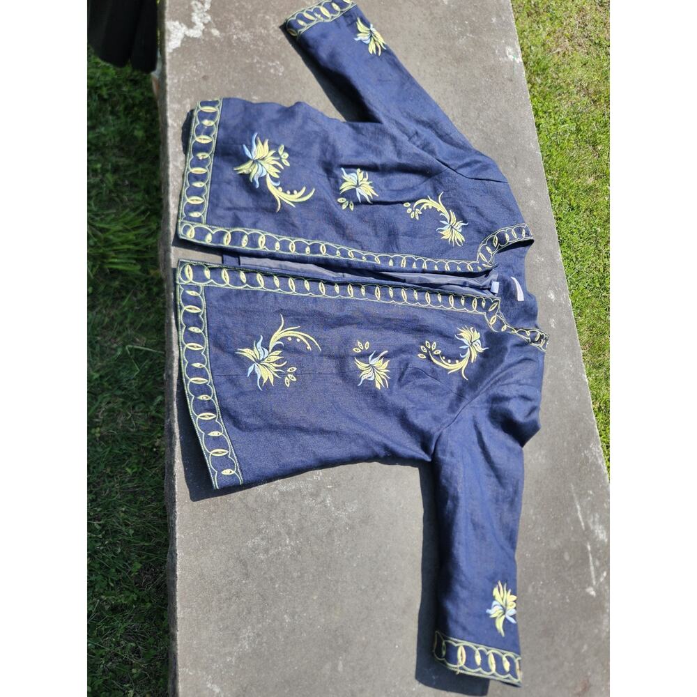 Dressbarn 18W Navy Embroidered Floral Artisan Jacket Lined Open Front 3/4 Sleeve - Picture 6 of 6